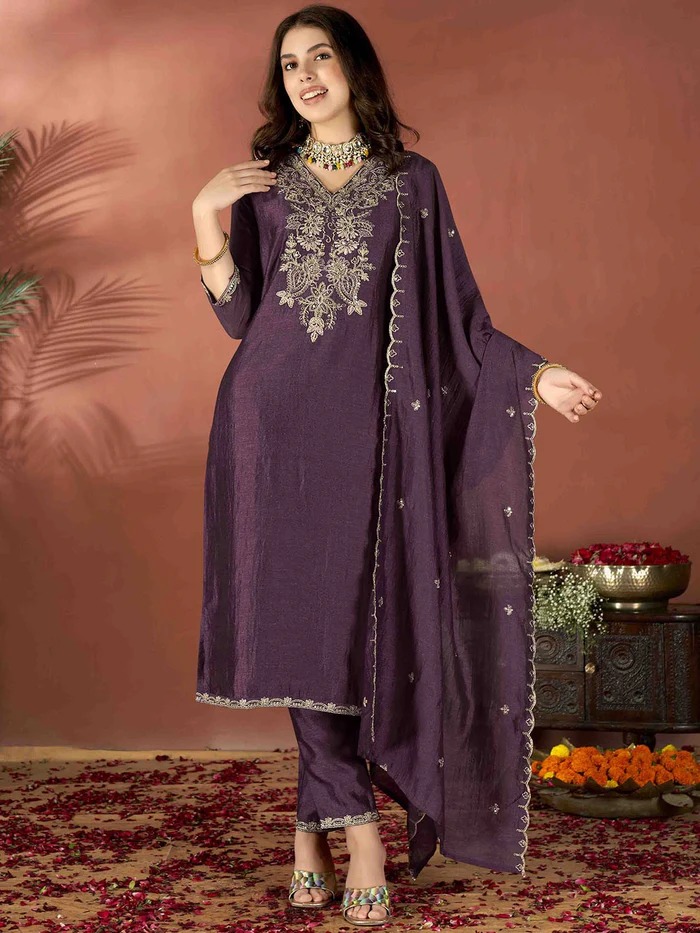 Embroidered Vichitra & Embroidered Dupatta Set