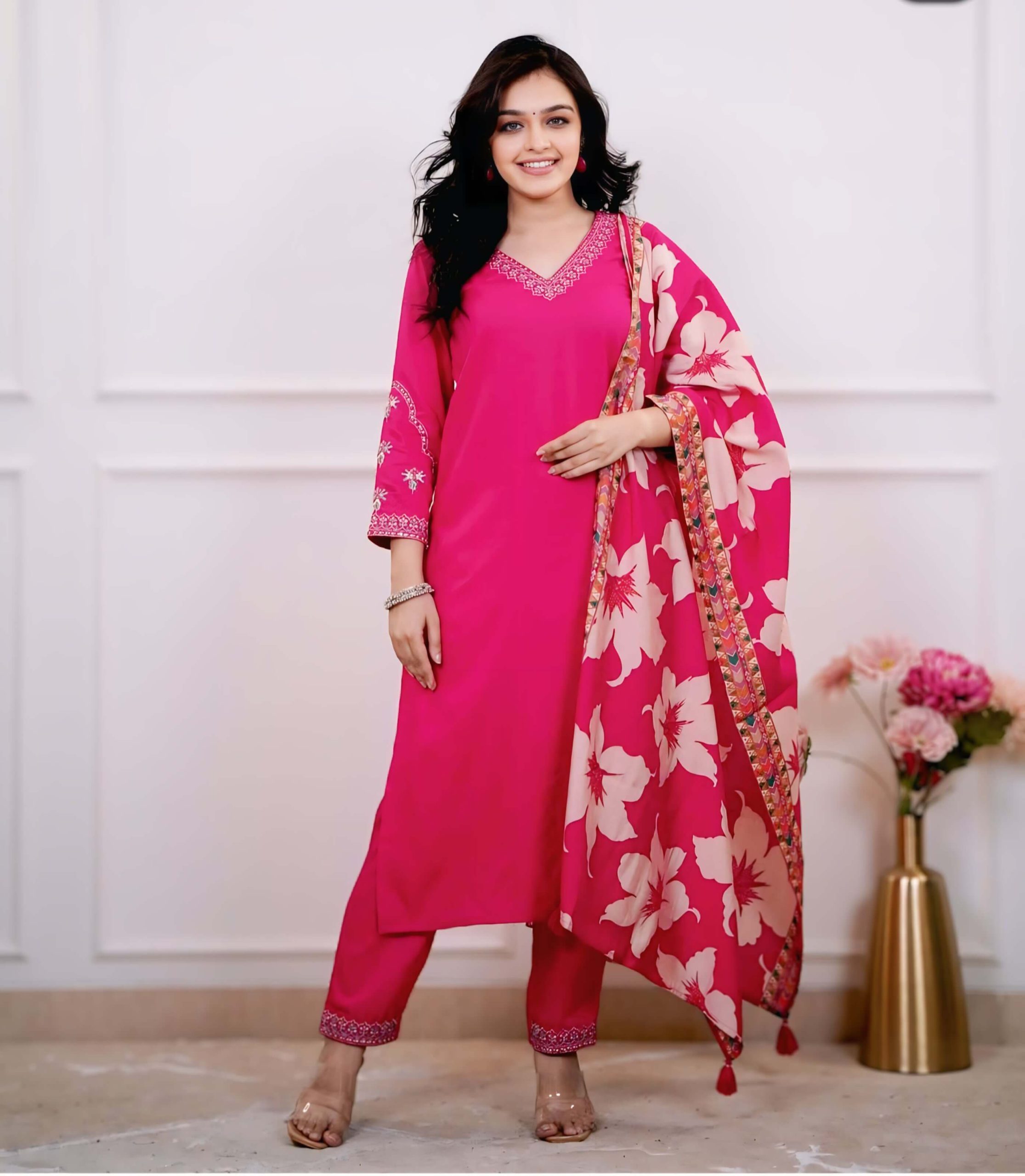 Women Embrodairy Stright Kurta Set With duppata