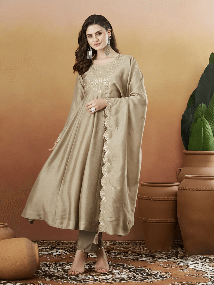Women’s Embroidered Anarkali and Pant with Dupatta Set