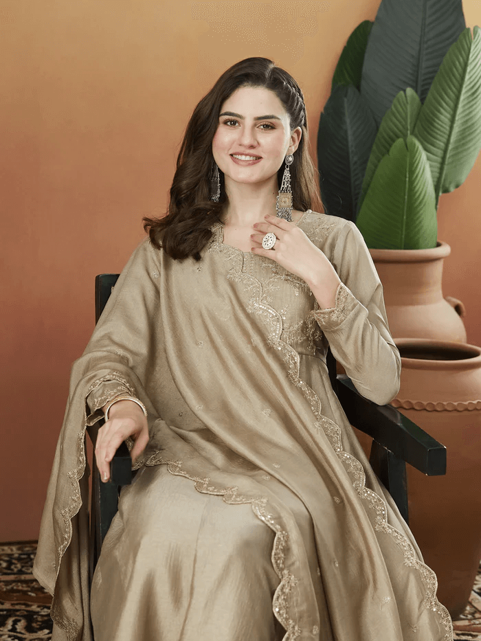 Women’s Embroidered Anarkali and Pant with Dupatta Set