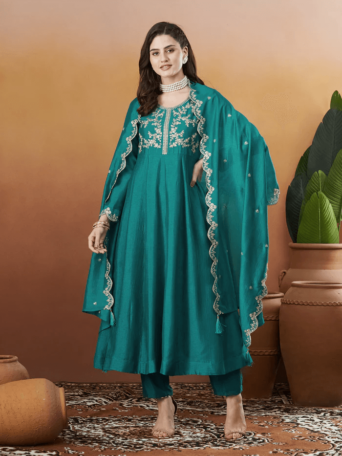Women’s Embroidered Anarkali and Pant with Dupatta Set