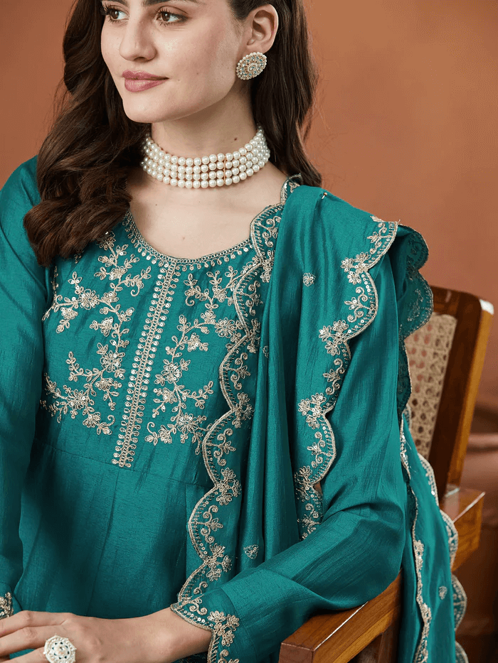 Women’s Embroidered Anarkali and Pant with Dupatta Set