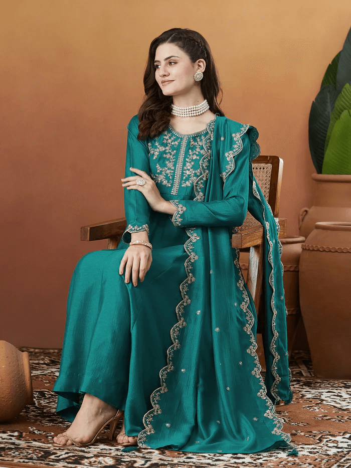 Women’s Embroidered Anarkali and Pant with Dupatta Set