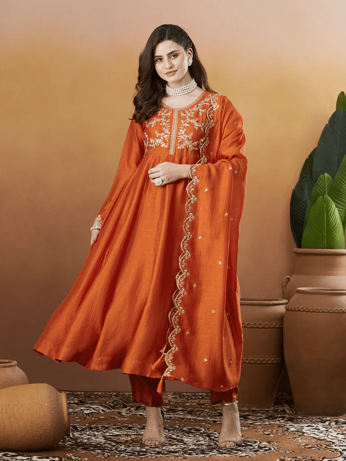 Women’s Embroidered Anarkali and Pant with Dupatta Set