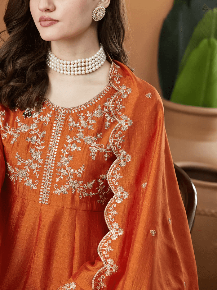 Women’s Embroidered Anarkali and Pant with Dupatta Set