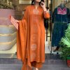 Women Embrodairy Chanderi  Stright Kurta Set With chinon duppata