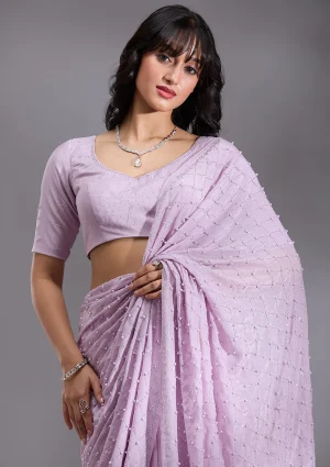 Lavender Pearlwork Chiffon Saree