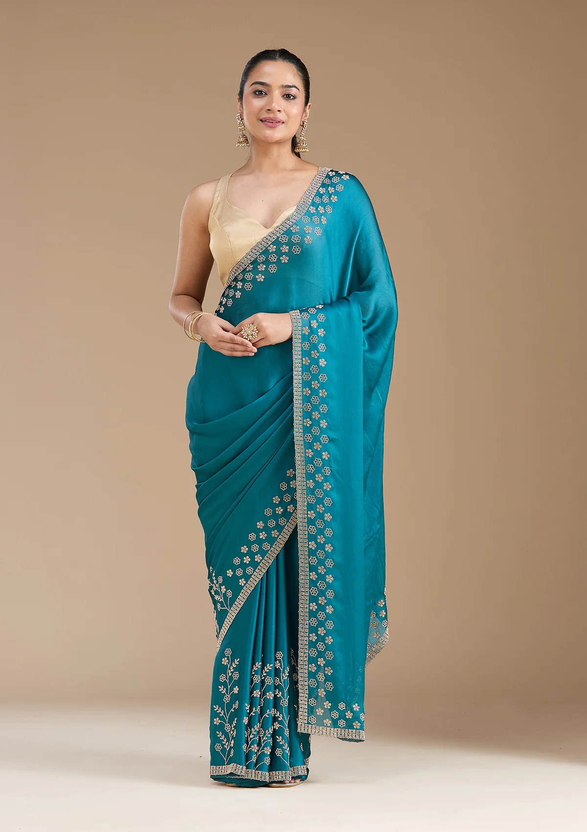Blue Stonework (Gold) Chiffon Saree