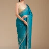 Blue Stonework (Gold) Chiffon Saree