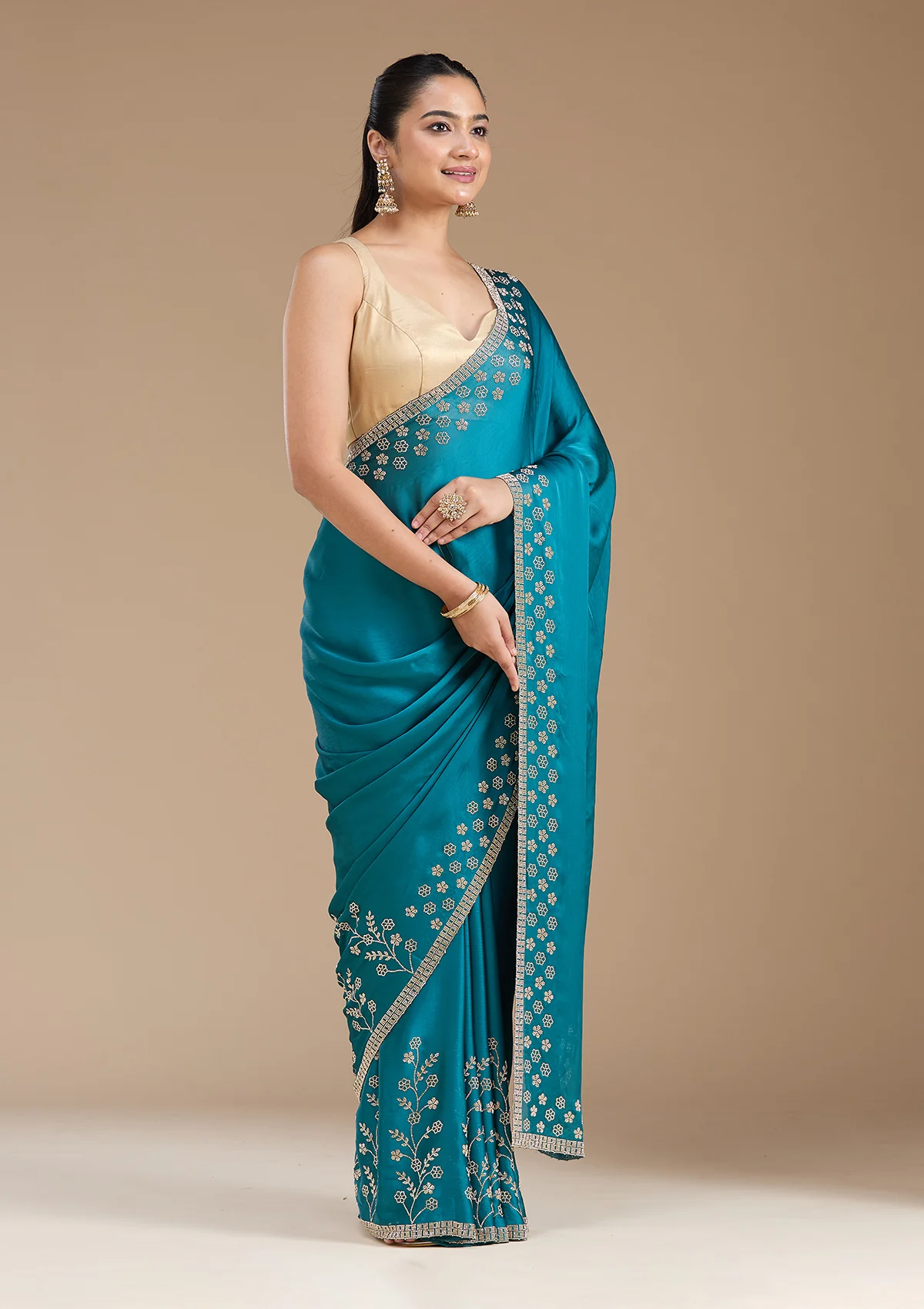 Blue Stonework (Gold) Chiffon Saree