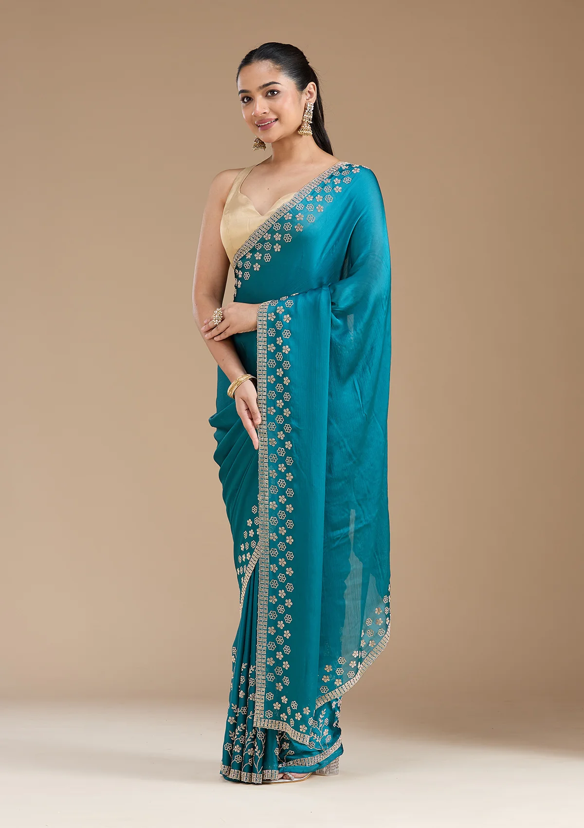Blue Stonework (Gold) Chiffon Saree