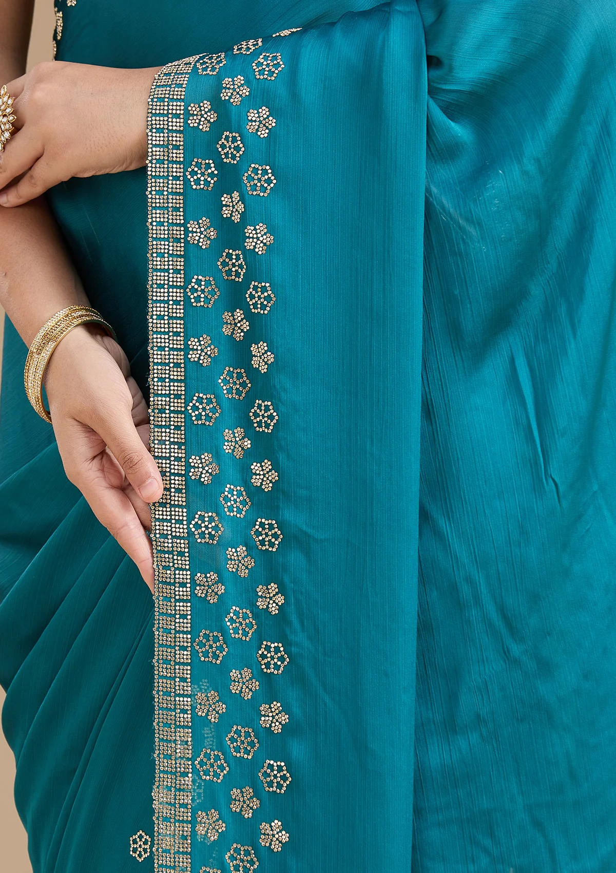 Blue Stonework (Gold) Chiffon Saree