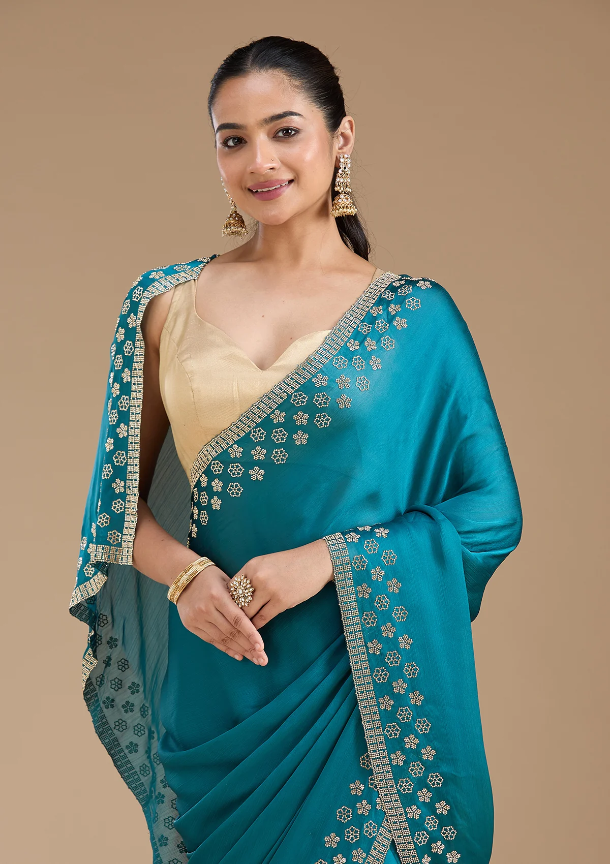 Blue Stonework (Gold) Chiffon Saree