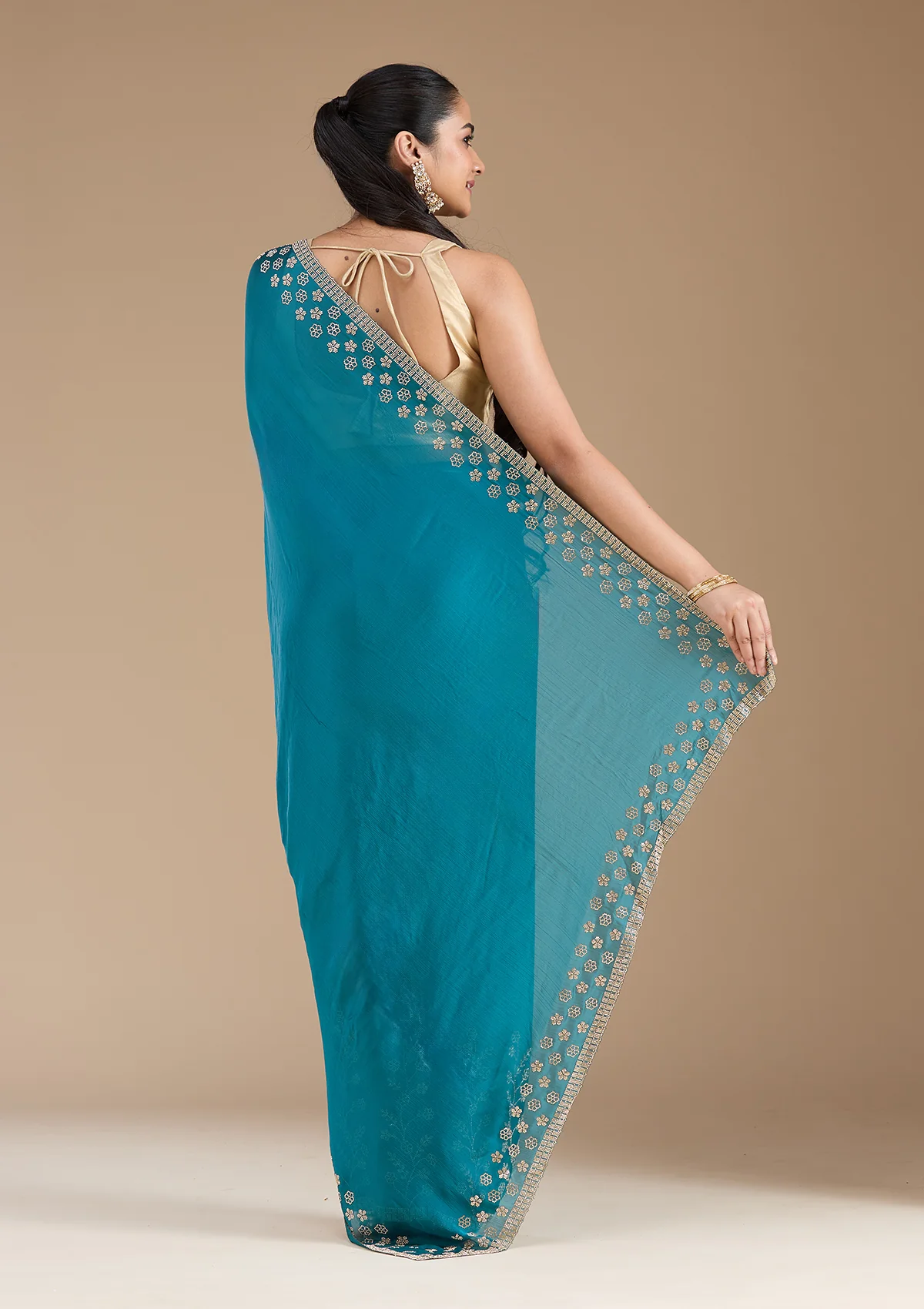 Blue Stonework (Gold) Chiffon Saree