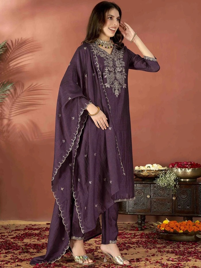Embroidered Vichitra & Embroidered Dupatta Set