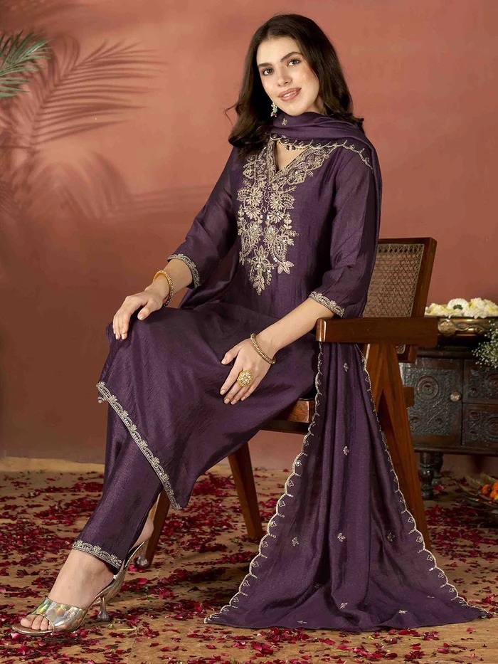 Embroidered Vichitra & Embroidered Dupatta Set