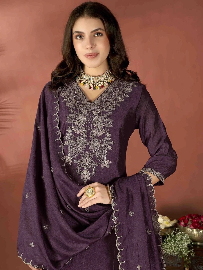 Embroidered Vichitra & Embroidered Dupatta Set