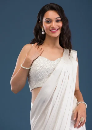 Cream Cutdana Satin Readymade Saree