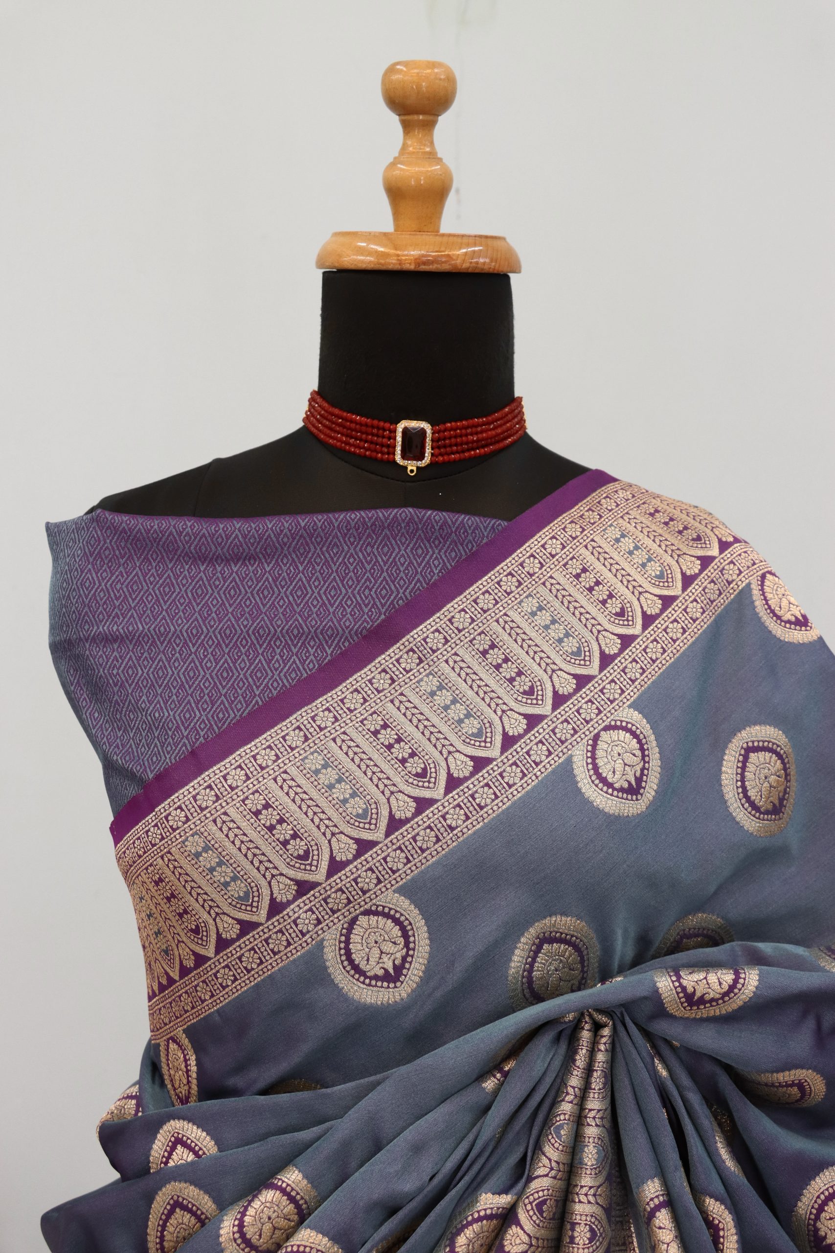 Grey & Purple Banarasi Silk Saree