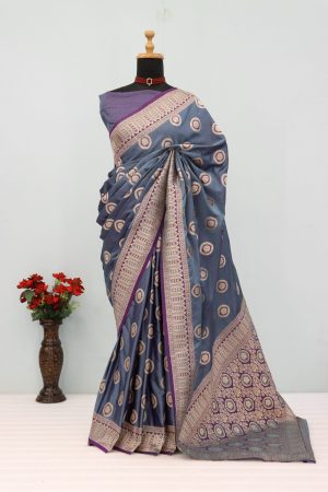 Grey & Purple Banarasi Silk Saree