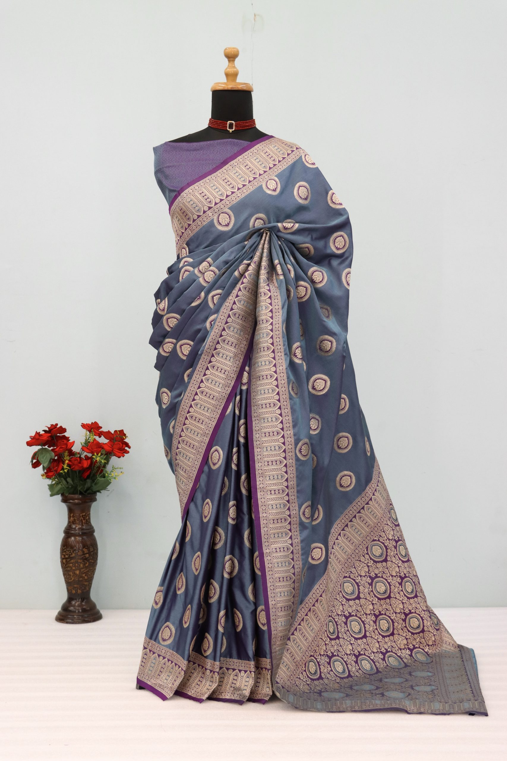 Grey & Purple Banarasi Silk Saree