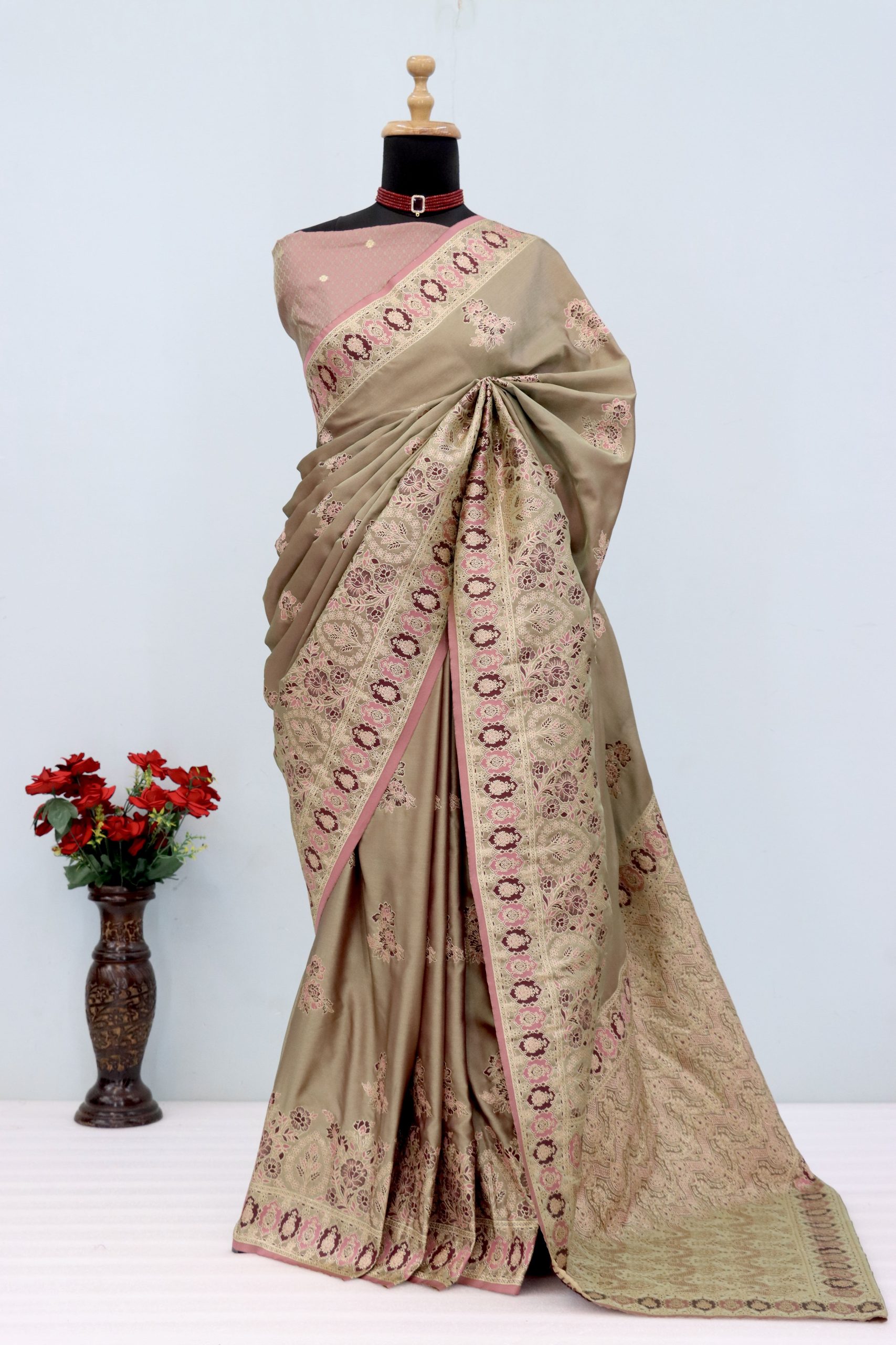 Beige & Blush Pink Banarasi Silk Saree