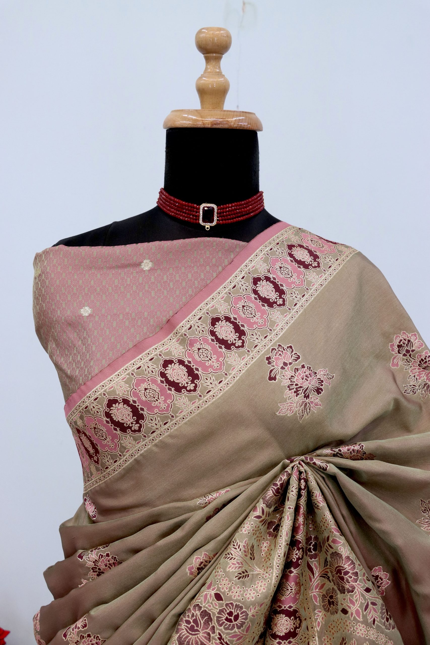 Beige & Blush Pink Banarasi Silk Saree