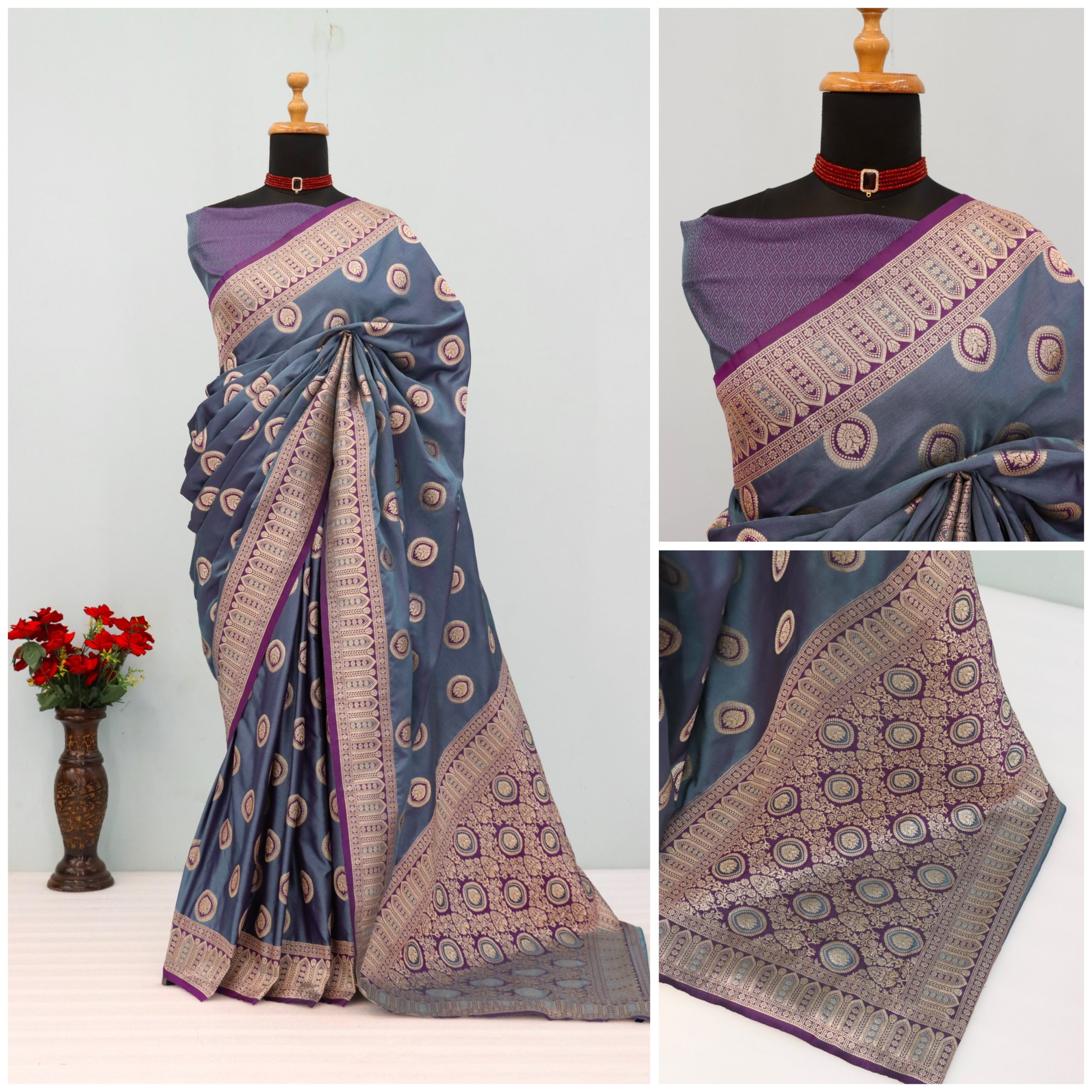 Grey & Purple Banarasi Silk Saree