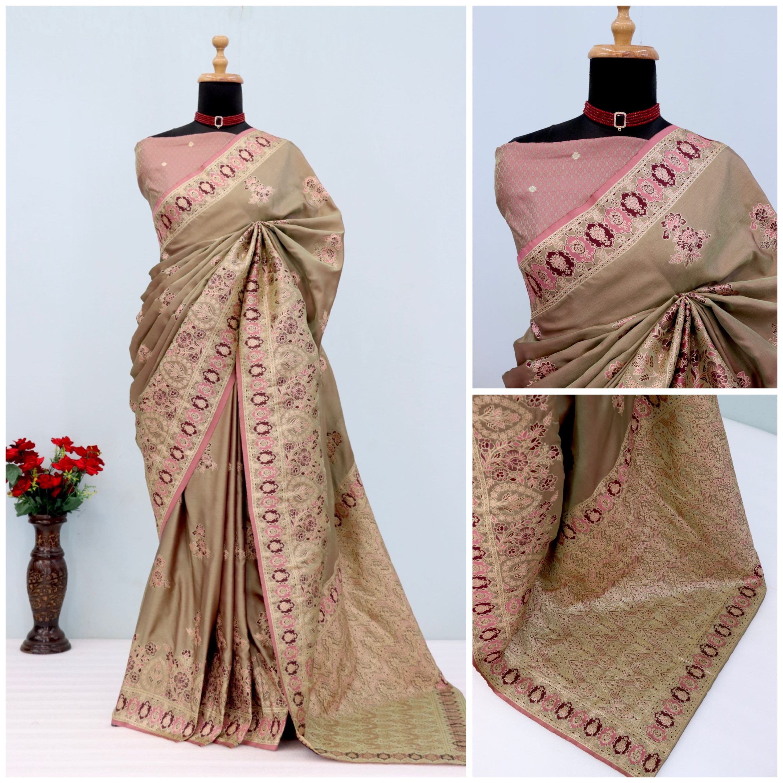 Beige & Blush Pink Banarasi Silk Saree