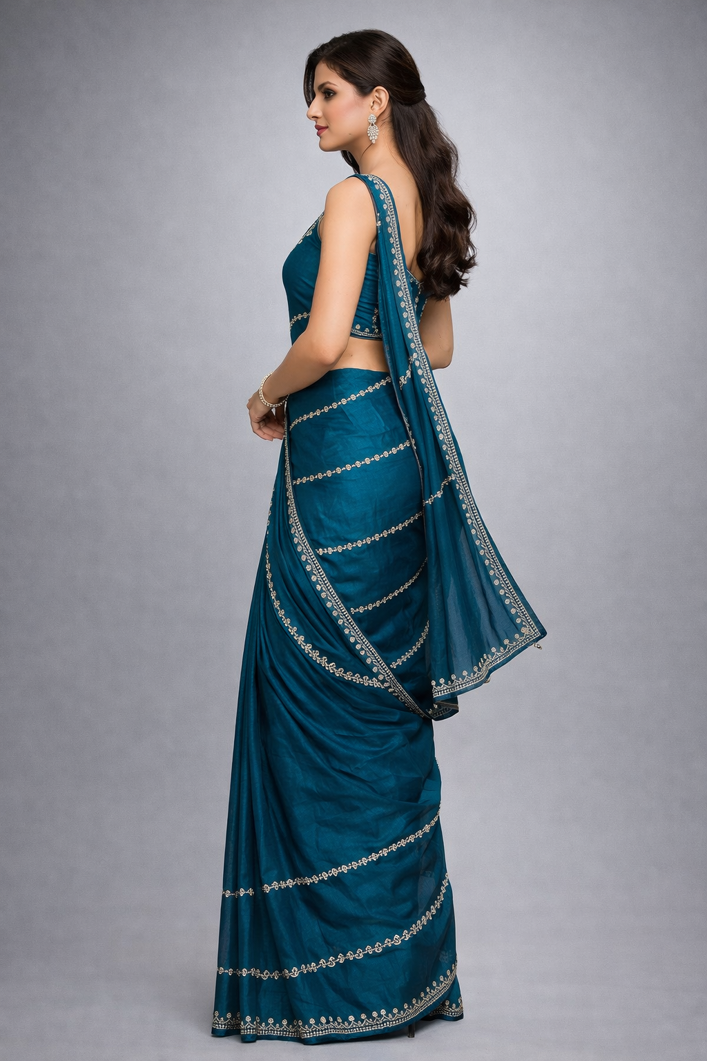 Teal Blue Elegant Saree with Golden Stone Work