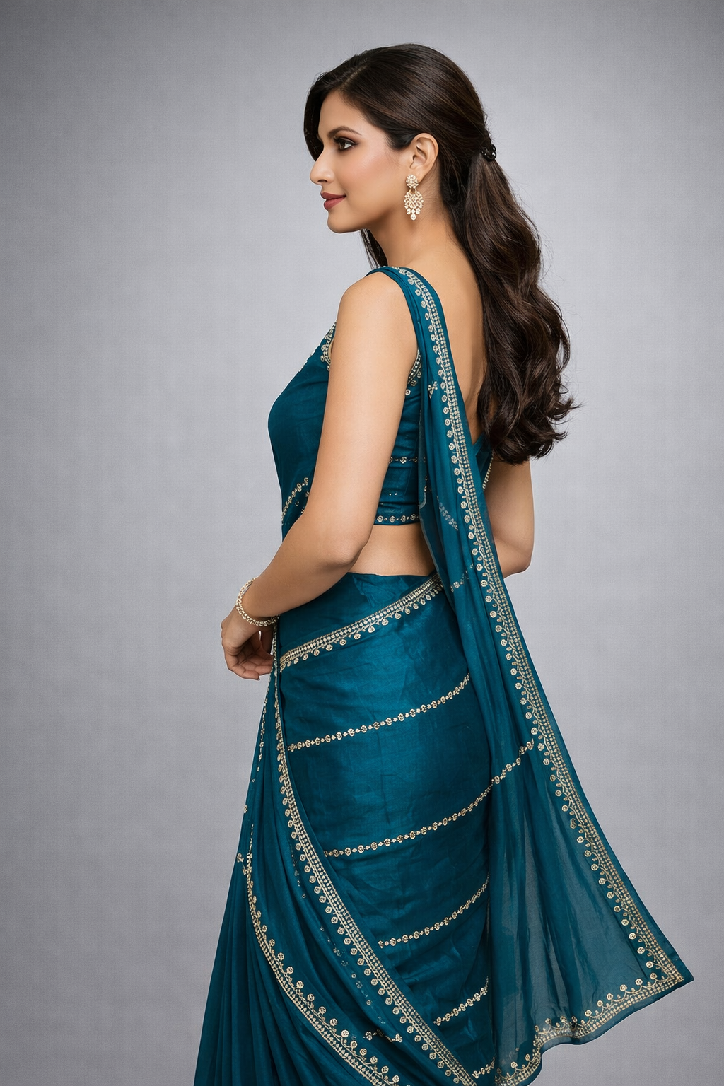 Teal Blue Elegant Saree with Golden Stone Work