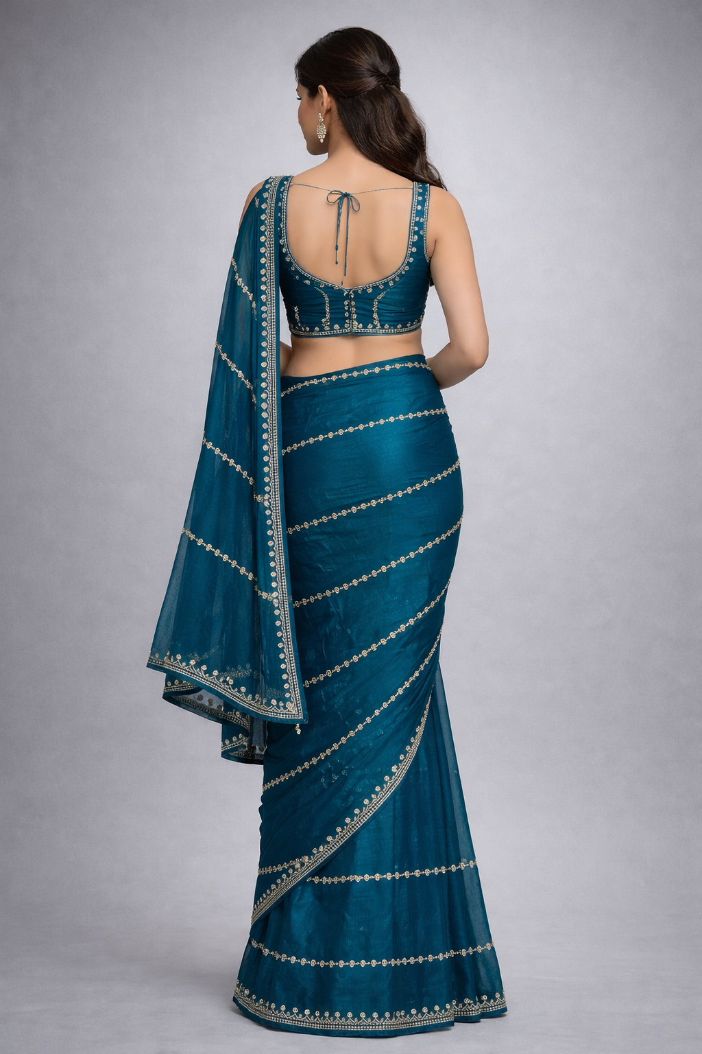 Teal Blue Elegant Saree with Golden Stone Work