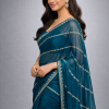 Teal Blue Elegant Saree with Golden Stone Work