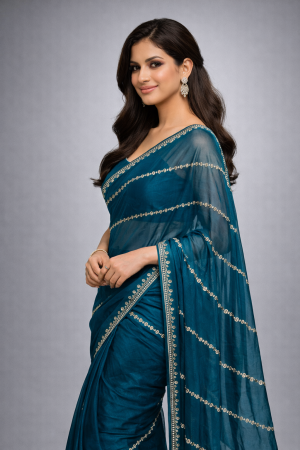Teal Blue Elegant Saree with Golden Stone Work