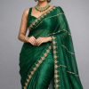 Luxury Emerald Green Saree with Intricate Golden Stone Work