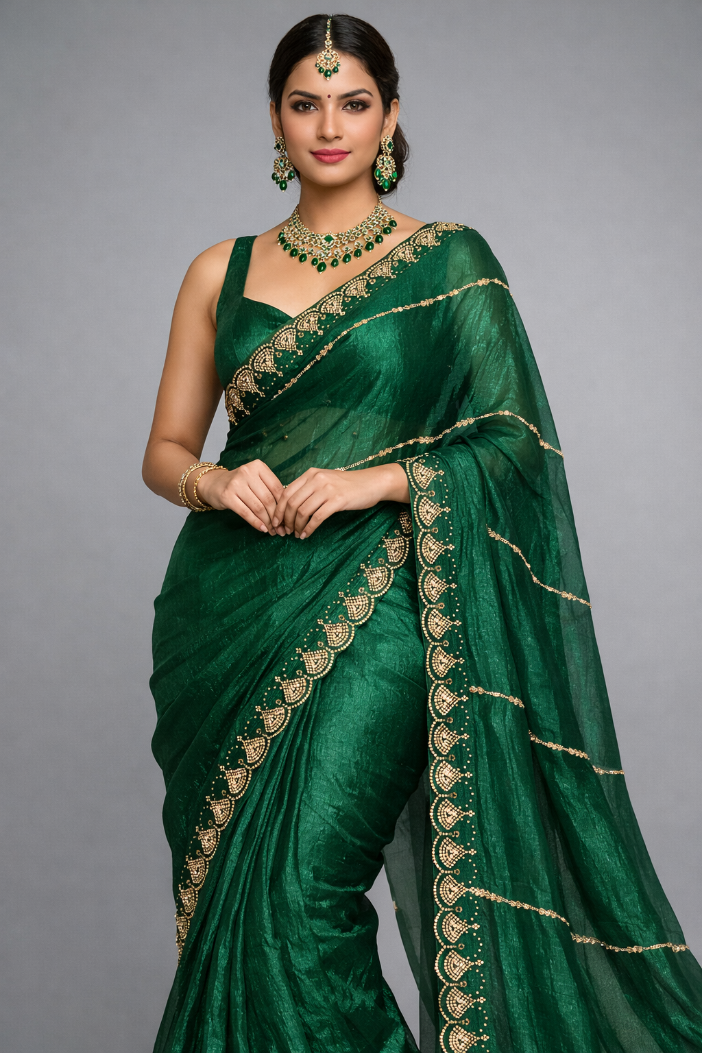 Luxury Emerald Green Saree with Intricate Golden Stone Work