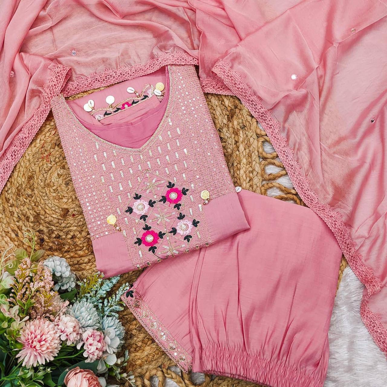 Roman Silk  Embroidery Dupatt Set