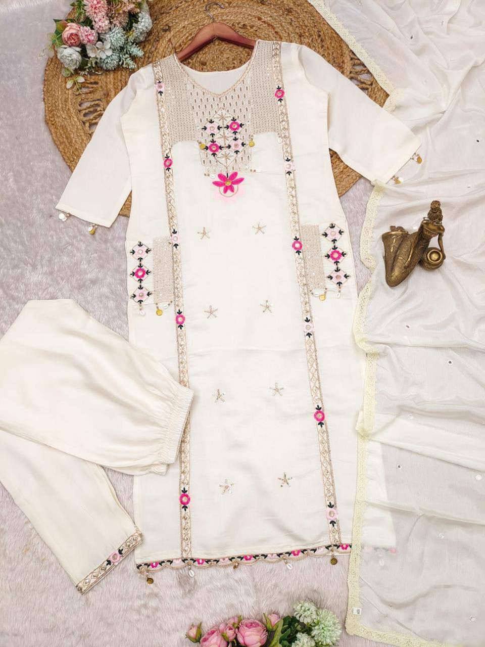 Roman Silk  Embroidery Dupatt Set
