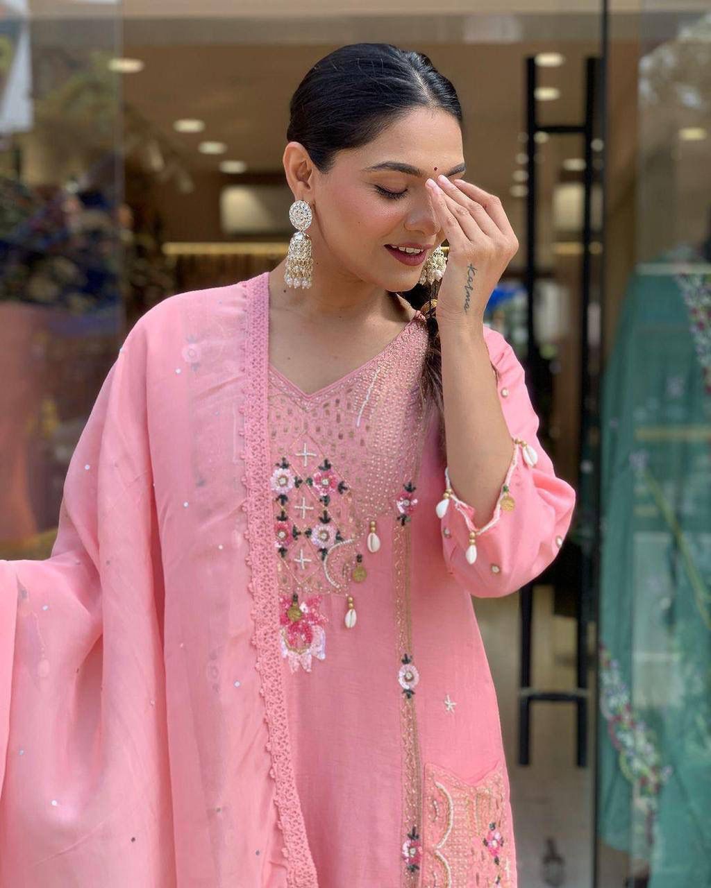 Roman Silk  Embroidery Dupatt Set