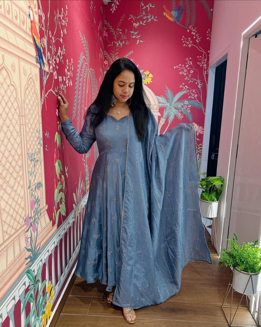 Blue Anarkali style kurti and  dupatta set