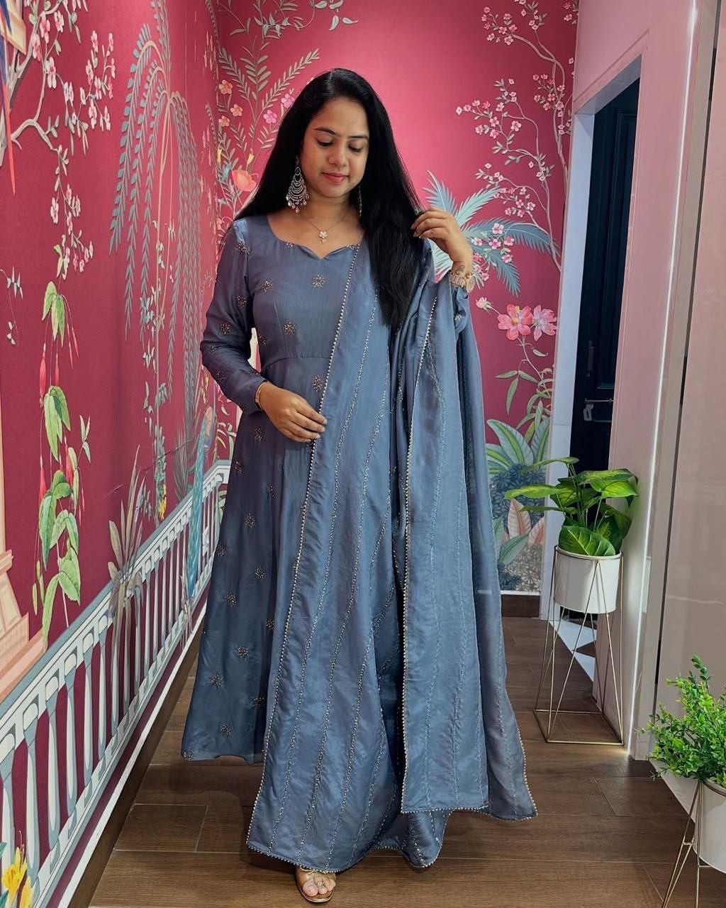 Blue Anarkali style kurti and  dupatta set