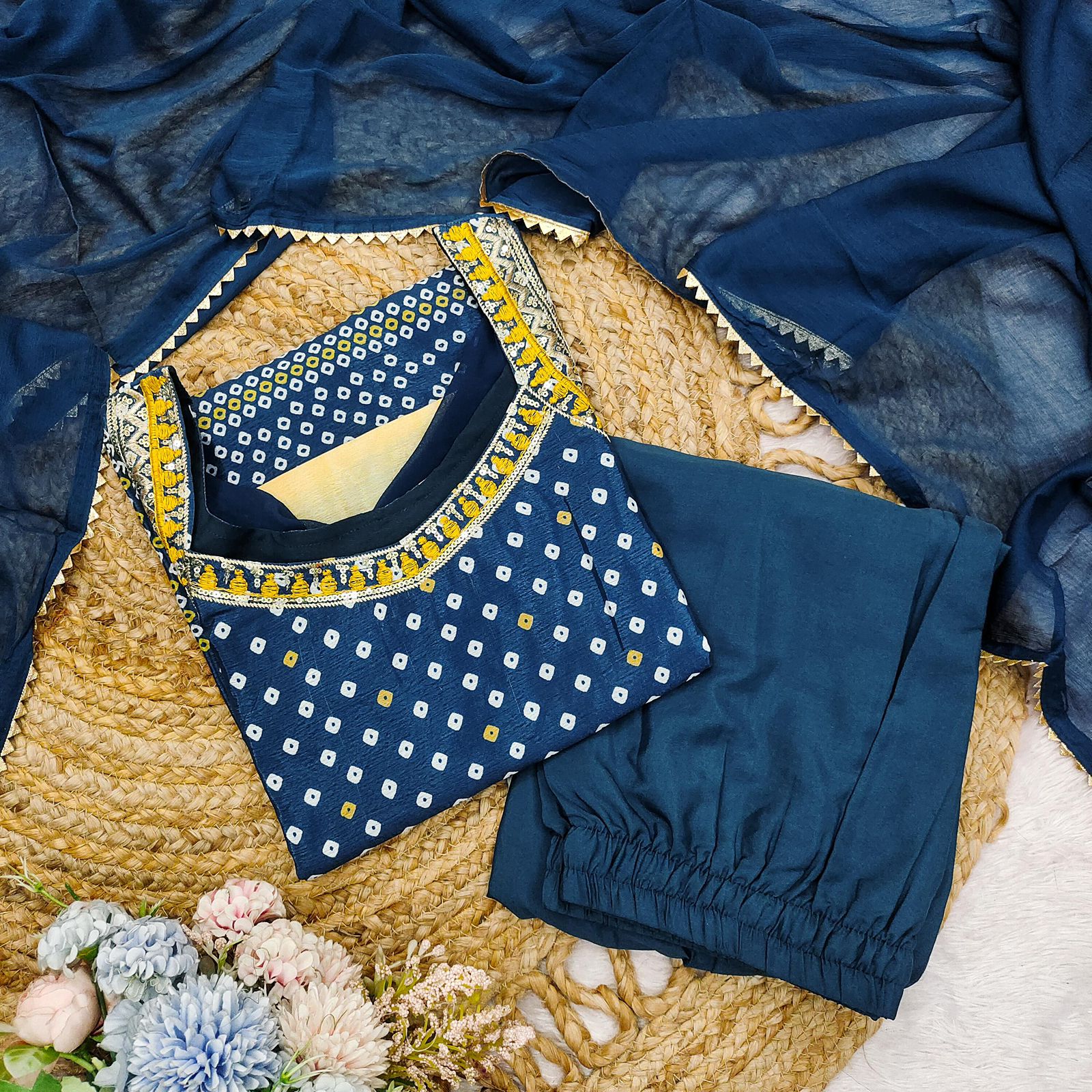 Cotton Thread Embroidery Kurti sharara Dupatta set