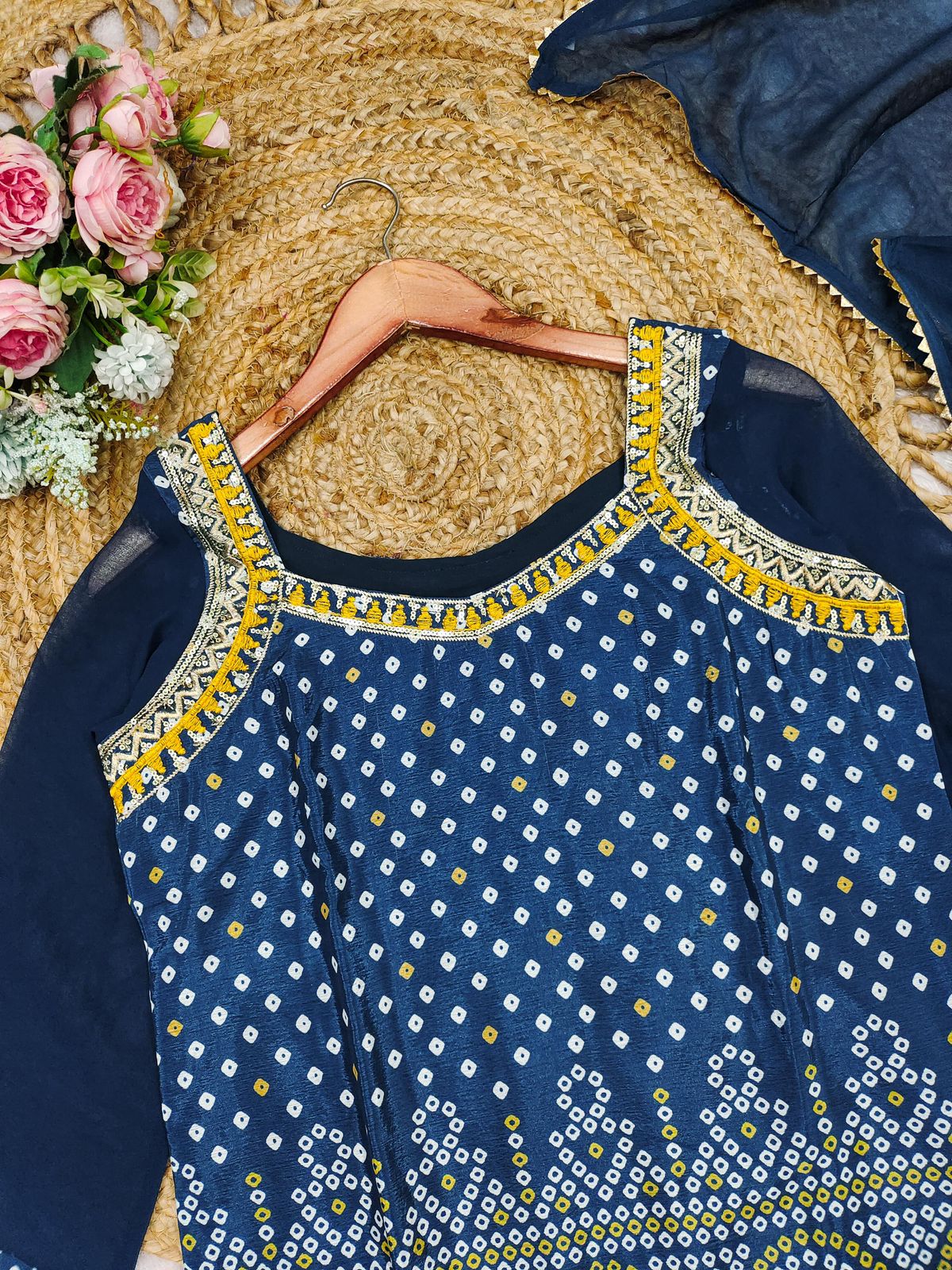 Cotton Thread Embroidery Kurti sharara Dupatta set