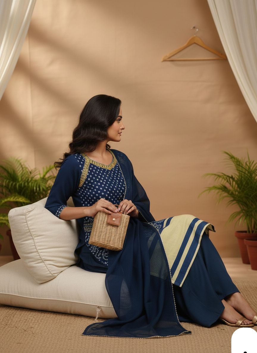 Cotton Thread Embroidery Kurti sharara Dupatta set