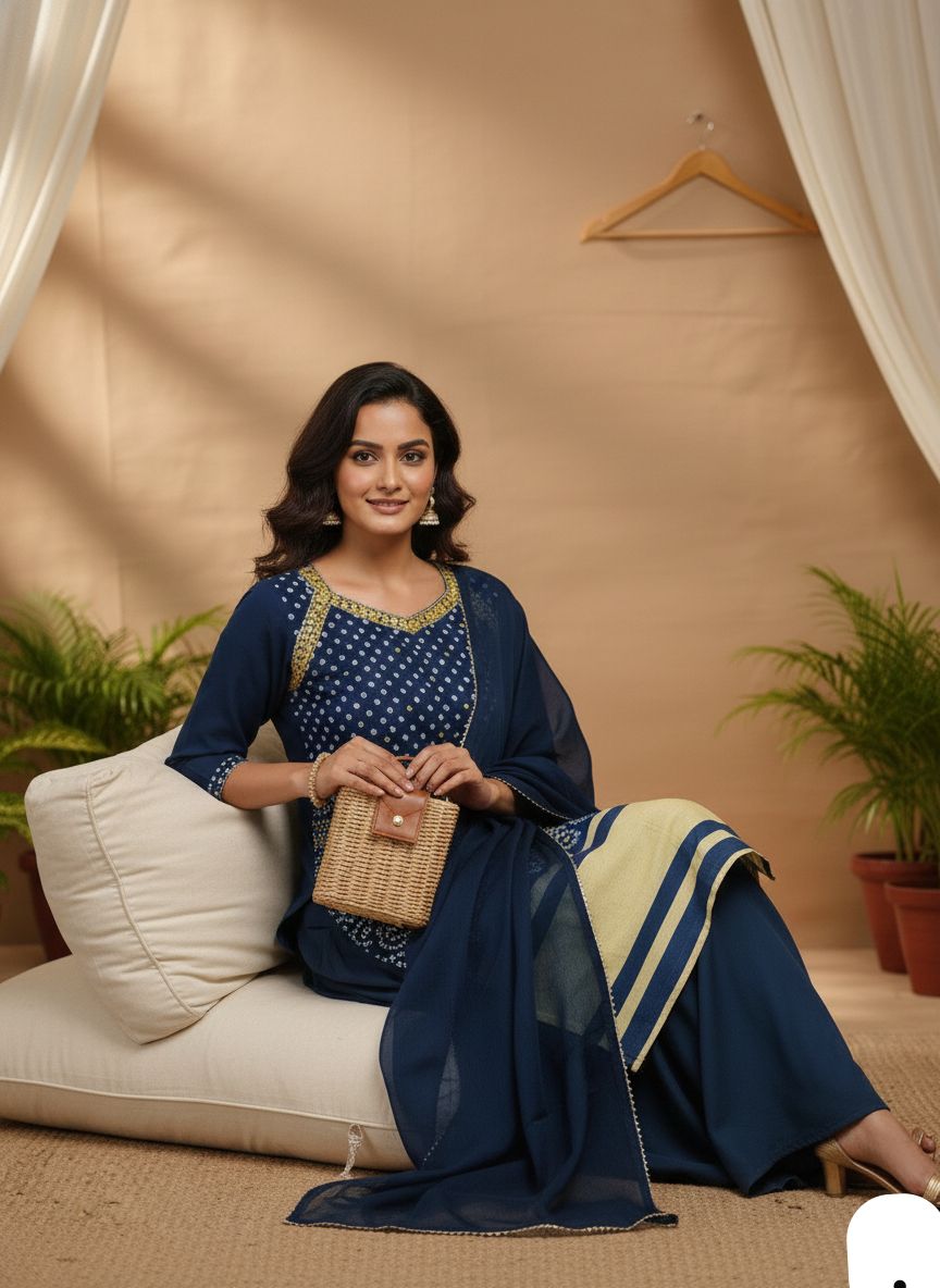 Cotton Thread Embroidery Kurti sharara Dupatta set