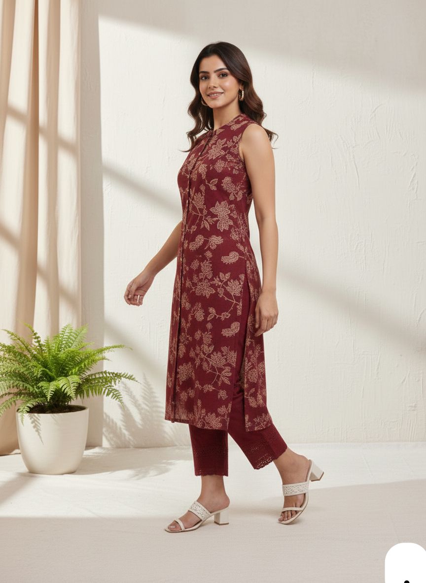 Maroon Digital Prints Kurta Set