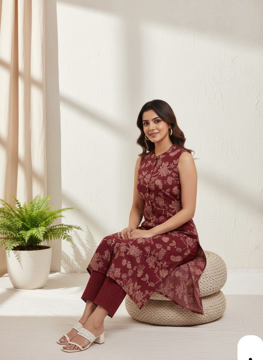 Maroon Digital Prints Kurta Set