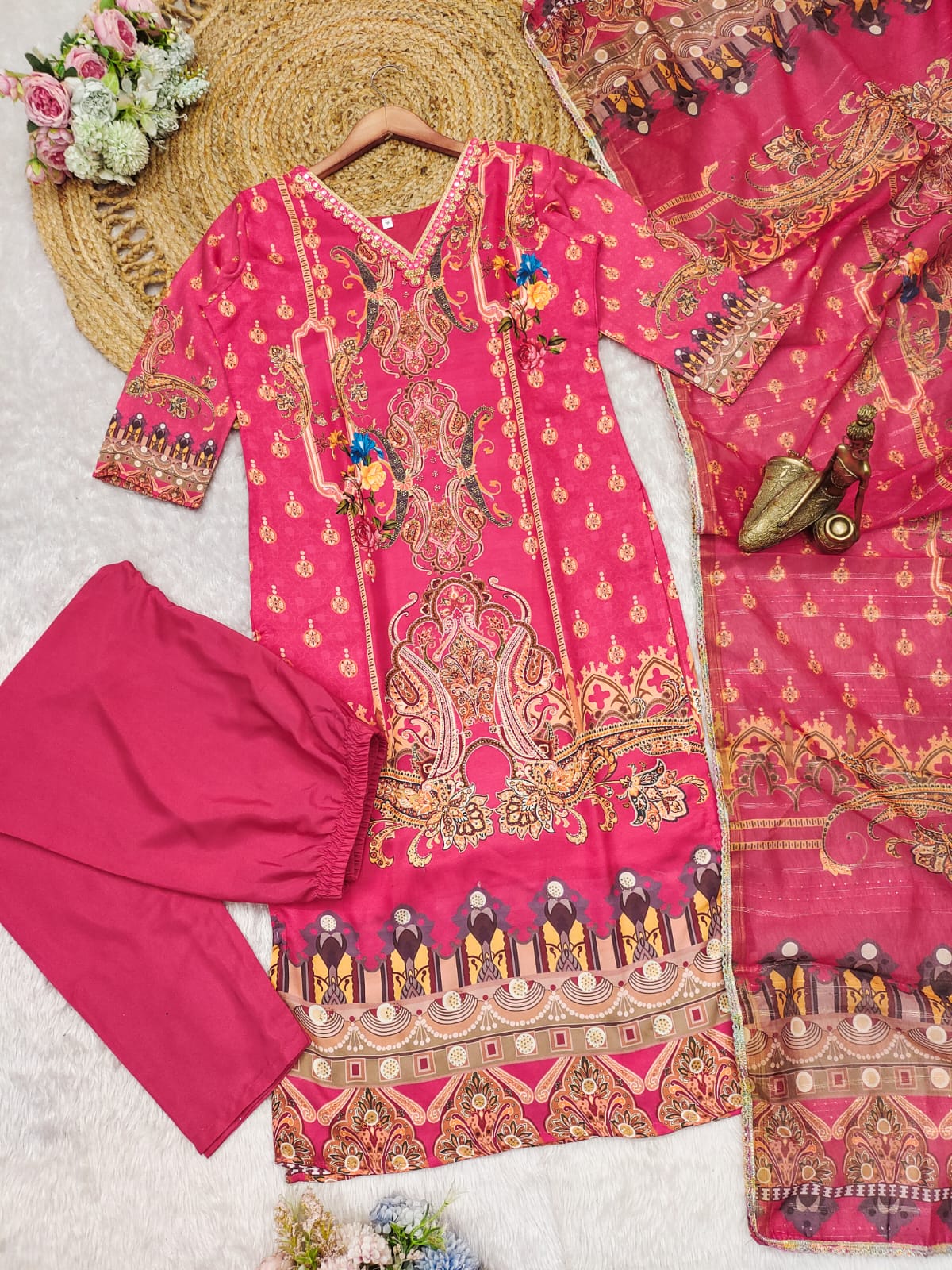 Multicoloured  print with  work and Dupatta