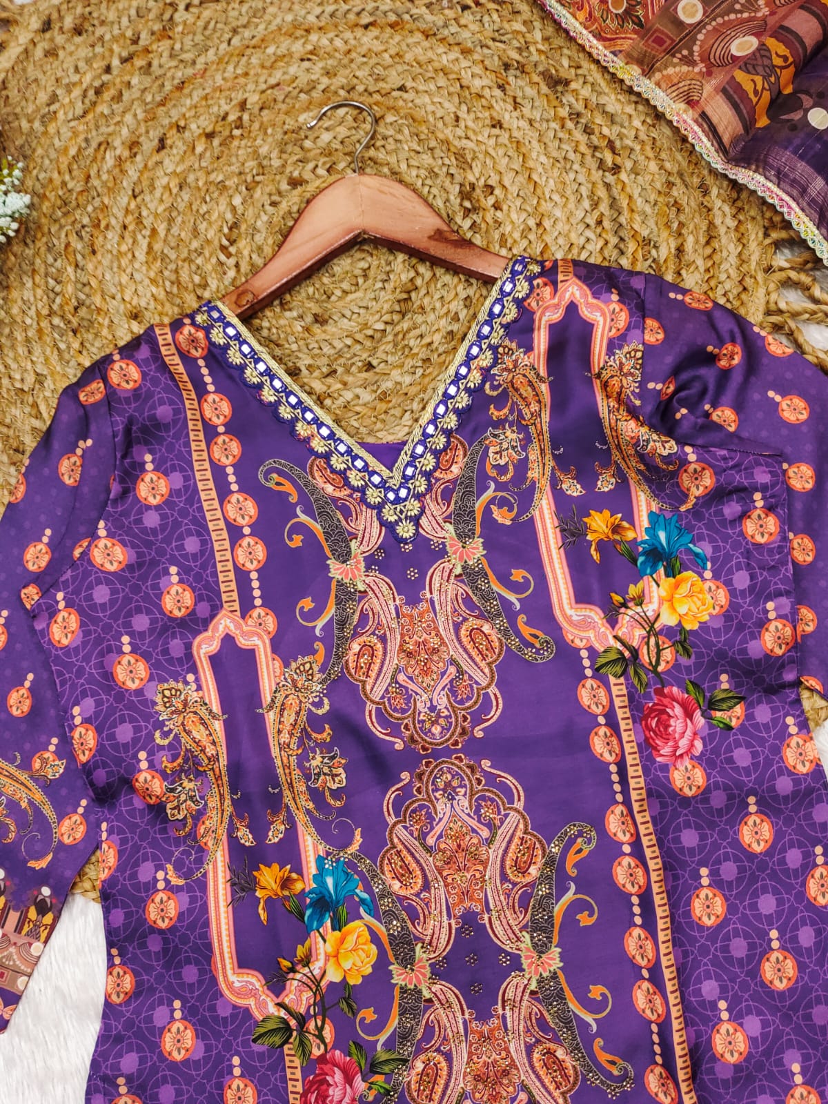 Multicoloured  print with  work and Dupatta