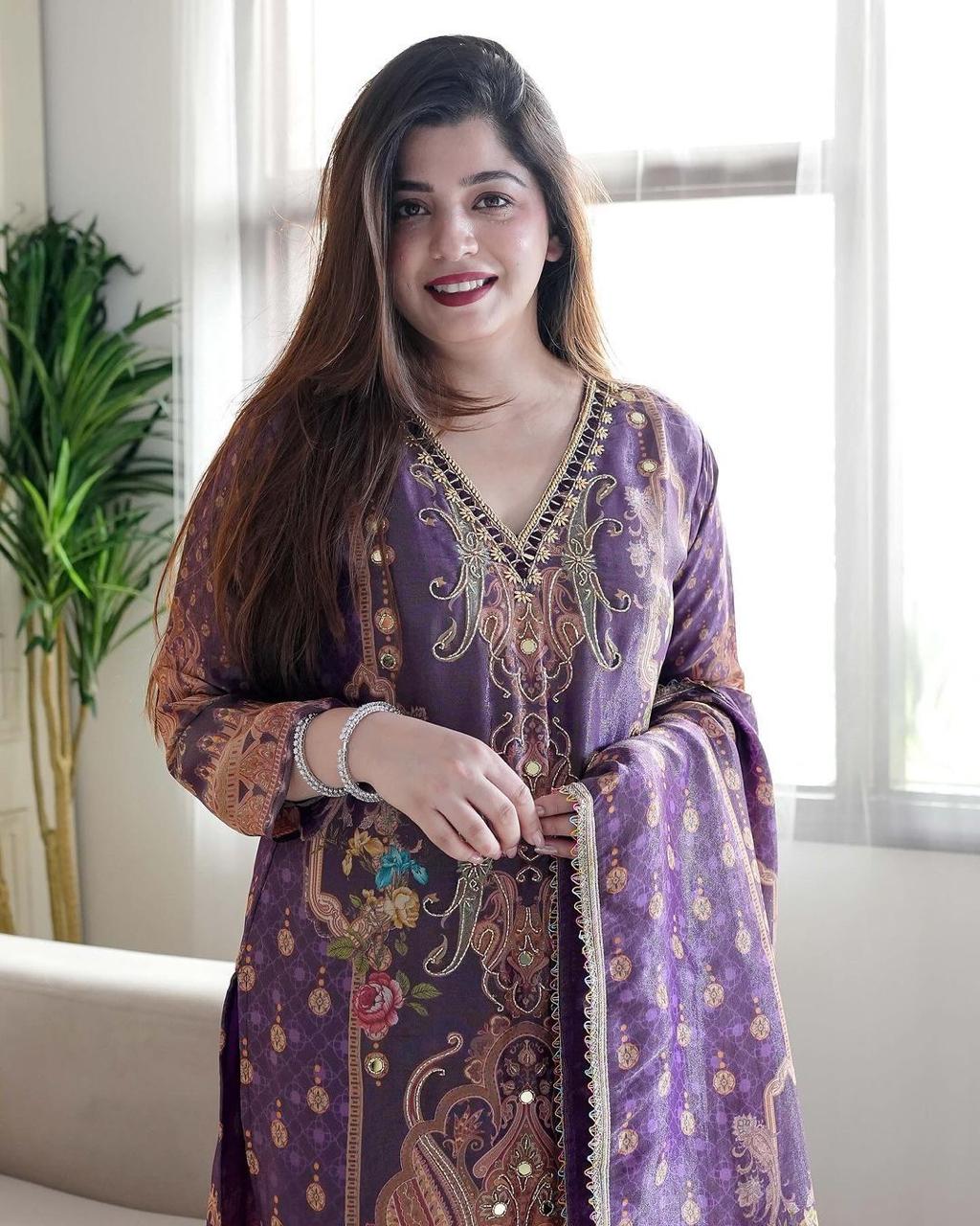 Multicoloured  print with  work and Dupatta